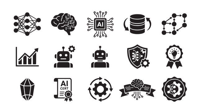 Artificial intelligence, robot, technology icons, AI symbols, gear, innovation graphics