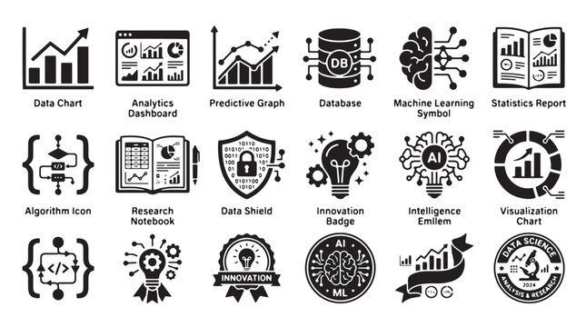 Data Science Icons, Machine Learning Symbols, 20 Algorithm and Statistics Graphics, Black Vector Graphics Set
