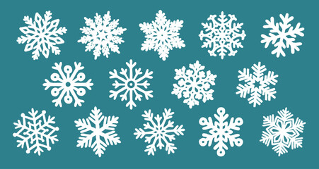 Hand drawn white snowflakes in cozy winter holiday doodle sketch style. Whimsical frozen ice crystals isolated for festive christmas invitations. Vector graphic elements for scandinavian branding and  © curly