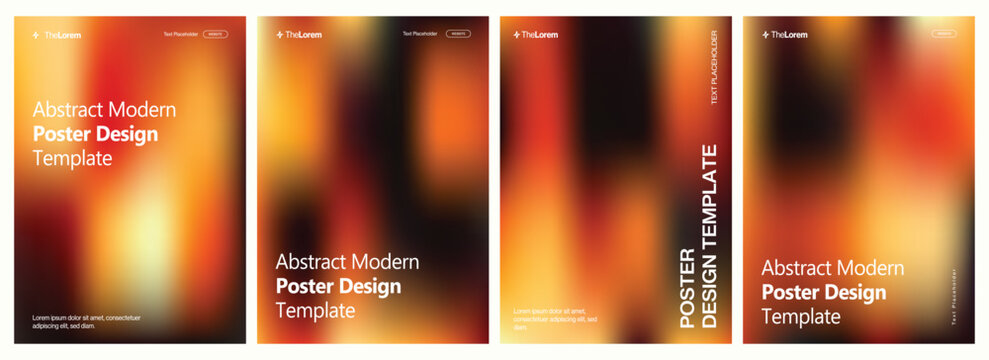 Vertical abstract poster templates featuring vibrant orange and deep black blurred gradients with modern minimalist typography for creative projects
