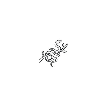 Single line art logo design of a snake coiling around a leafy branch