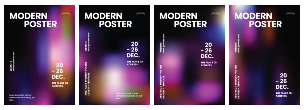 Vibrant vertical flyer templates featuring bright purple and blue gradient backgrounds with bold white modern sans serif typography layouts