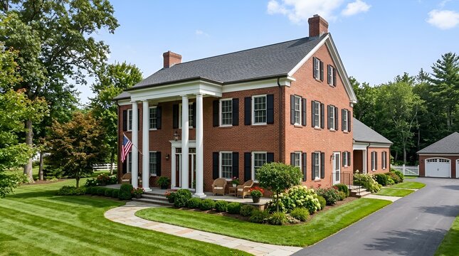 Stately red brick colonial house with grand entrance and driveway real estate curb appeal family home exterior design residential building colonial architecture driveway residence exterior