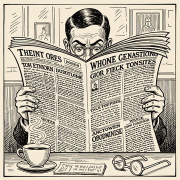 Man reading newspaper with cup coffee.