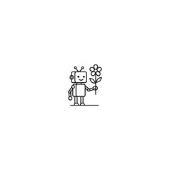 Fototapeta premium Minimalist line art illustration of a cute robot holding up a small flower, isolated on a clean white background