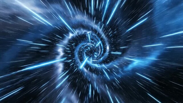 a warp speed tunnel journey through a blue cosmic nebula illustrating hyperjump and futuristic data streams for abstract technology backgrounds