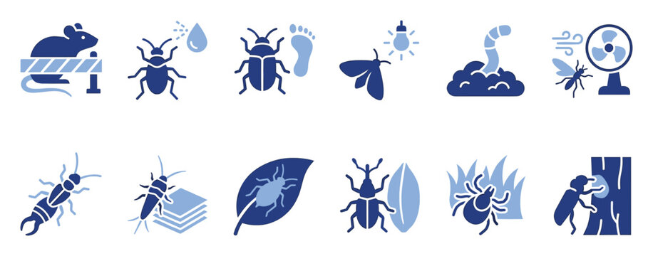 Set of pest control icons for pest management services, home infestation prevention, and agricultural protection information.