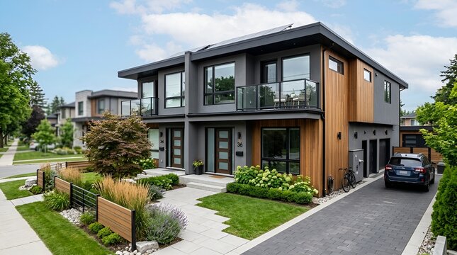 Contemporary duplex townhouse with dark grey facade and warm wood accents a landscaped front yard real estate residential area house exterior property market home exterior curb appeal