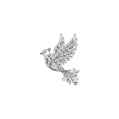 Obraz premium Elegant minimalist line art illustration of a flying bird decorated with beautiful floral patterns, blooming flowers, and leaves, isolated on a white background