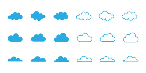 Fototapeta premium Cloud icon collection with weather symbols, sky elements and minimalist cloud shapes for modern UI and vector design