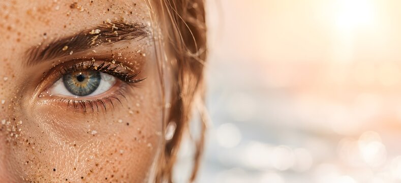 Macro shot of beautiful woman eye with sand on skin on blurry sunset beach background