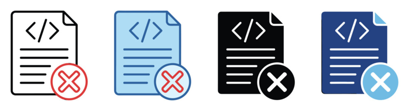 Set of code file deletion icons representing programming errors, removal, or rejection for software development and web applications