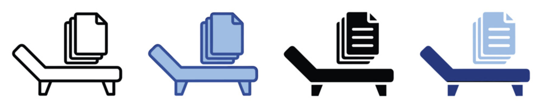Set of graphic icons featuring files on a chaise lounge in multiple styles, ideal for applications concerning mental health, therapy, or administrative documentation.