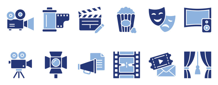 Set of film production and performing arts vector icons including movie cameras, clapperboard, stage masks, and spotlight for various digital and print media applications