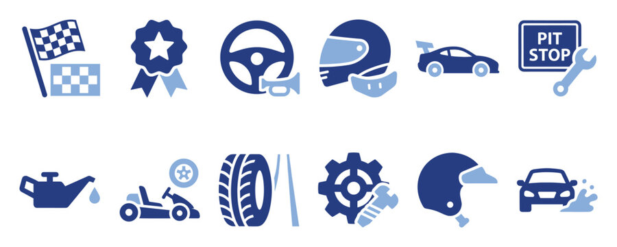 Set of racing sport vehicle and garage maintenance icons for championship events, go karting business, or automotive repair applications