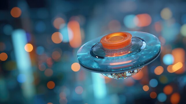 Futuristic glowing orb floats above a blurry, bokeh-lit cityscape at night