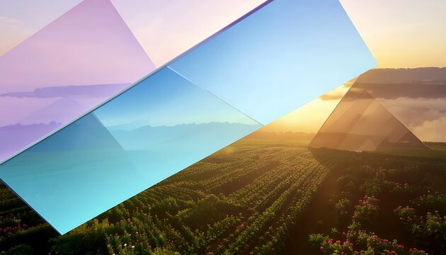 Geometric Overlay on Scenic Sunset Landscape.