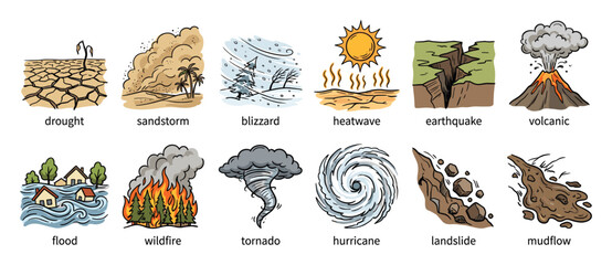 Fototapeta premium Set of natural disaster icons illustrating destructive weather events and geological phenomena including drought, sandstorm, blizzard, heatwave, earthquake, volcanic, flood, wildfire, tornado,