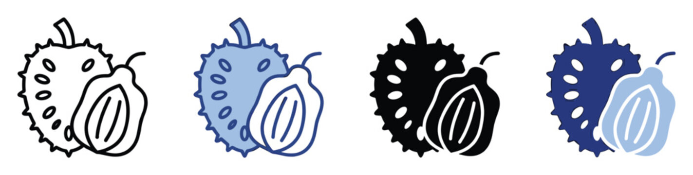 Set of kiwano fruit icons illustrating horned melon fresh tropical exotic fruit for healthy food and juice packaging designs