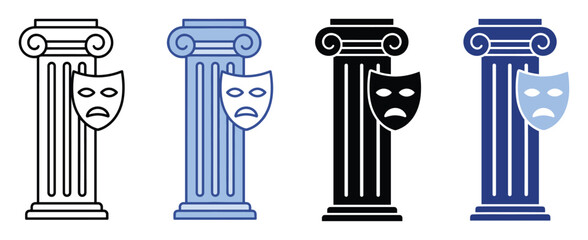 Naklejka premium Set of theater drama icons with an Ionic column and a tragedy mask symbolizing classic stage performance and ancient culture for various entertainment and educational projects