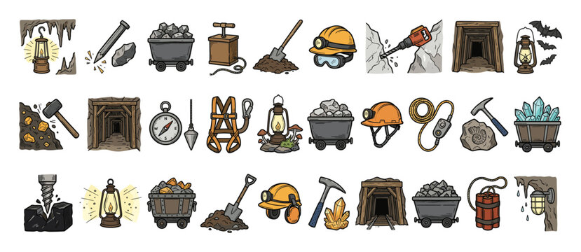 Set of mining industry tools equipment and cave elements for geological exploration and resource extraction themed projects