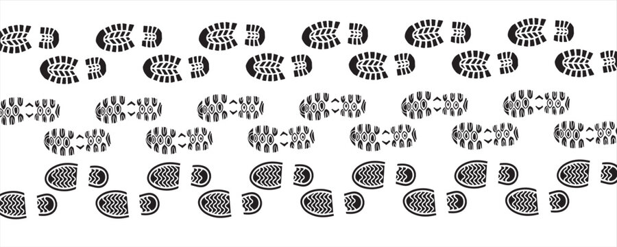 Seamless pattern background of black boot and shoe footprints on white. Texture with different sole treads for detective investigation, steps, or walk banner vector illustration