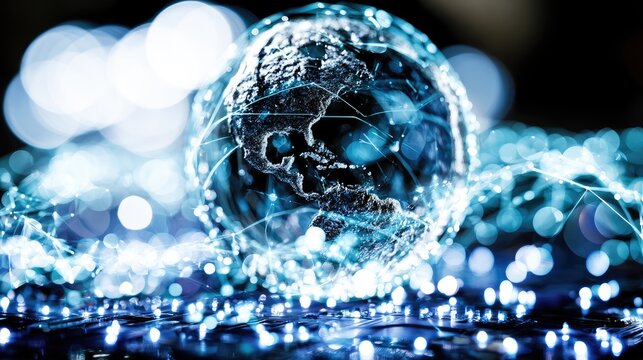 Glowing digital network connects a luminous planet in a dark, abstract space