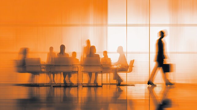 Blurred figures in a meeting room, one person walking away, warm tones