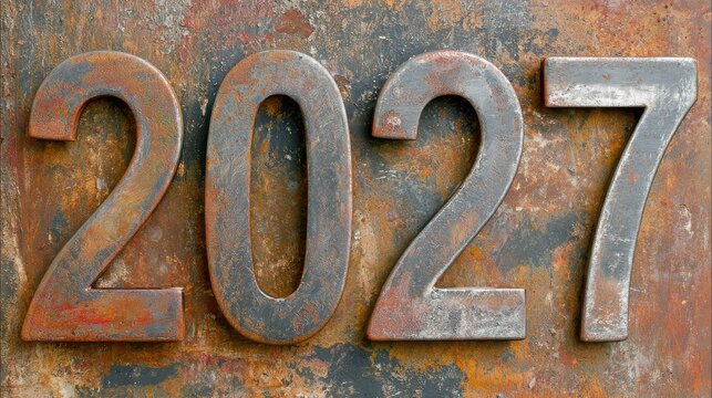 Numbers 2027 are set in a bold metallic typeface against a heavily oxidized and corroded iron plate background.