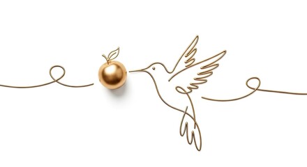 Fototapeta premium Golden Hummingbird and Apple - Elegant Line Art