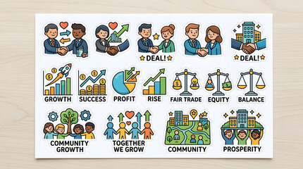 Obraz premium Business Icons and Concepts: A collection of colorful vector illustrations depicting various business concepts, including handshakes, charts, growth, and community.