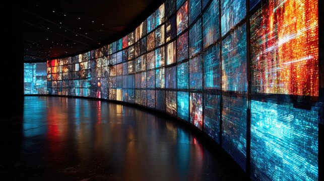 Curved wall of screens displaying vibrant abstract digital patterns and data