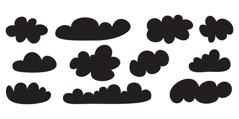 Hand drawn black cloud silhouettes in various organic shapes and sizes for weather icons and atmospheric sky background designs. © SAYEMART