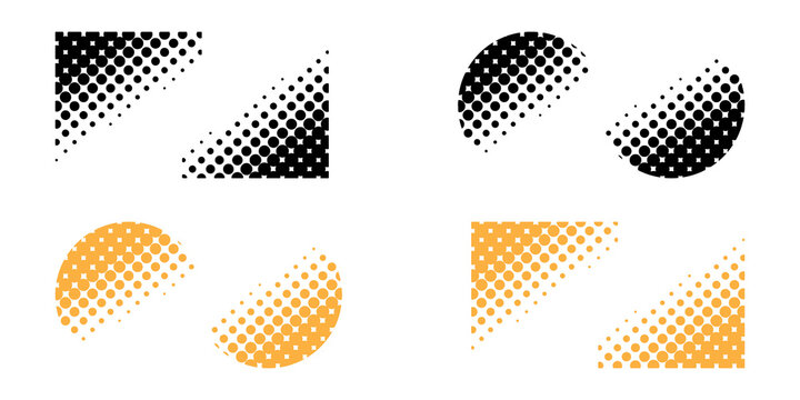 Halftone dot patterns in geometric shapes featuring black and orange gradients with rectangular and circular corner compositions.