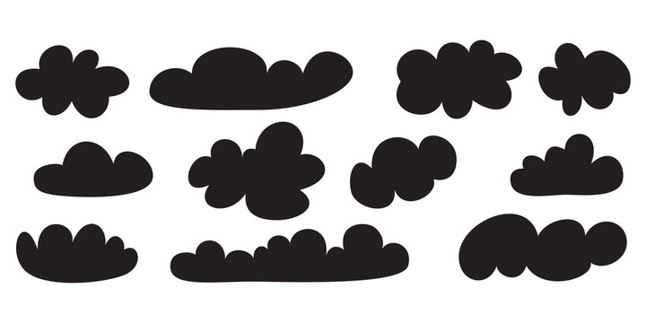 Hand drawn black cloud silhouettes in various organic shapes and sizes for weather icons and atmospheric sky background designs.