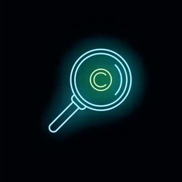 Magnifying glass highlighting copyright symbol in glowing neon light on black background