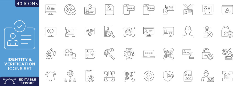 Identity and Verification icon set. Containing Passport, biometric, tools, driving license, face id, code, fingerprint Etc. Fully Editable. Vector illustration