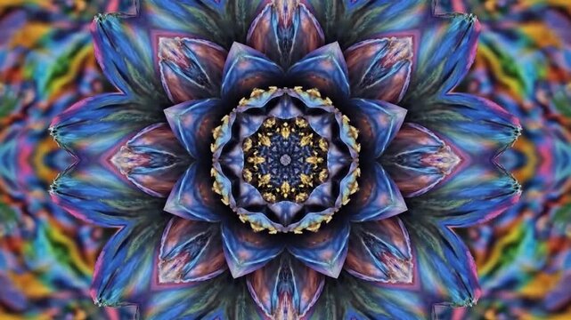 Vibrant kaleidoscope flower blooming with colorful geometric patterns in a psychedelic motion