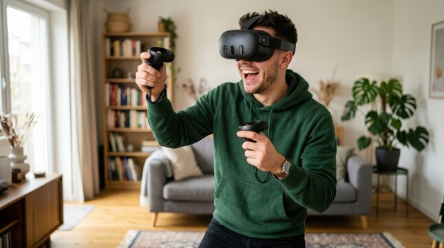 Happy young man wearing virtual reality goggles and holding controllers playing a fun video game inside his modern living room