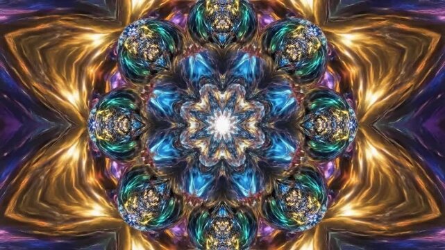 Vibrant kaleidoscope flower with expanding geometric patterns in a psychedelic trippy background