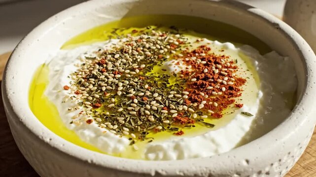 Close-up shot of olive oil being poured over creamy yogurt with herbs and spices for a delicious appetizer
