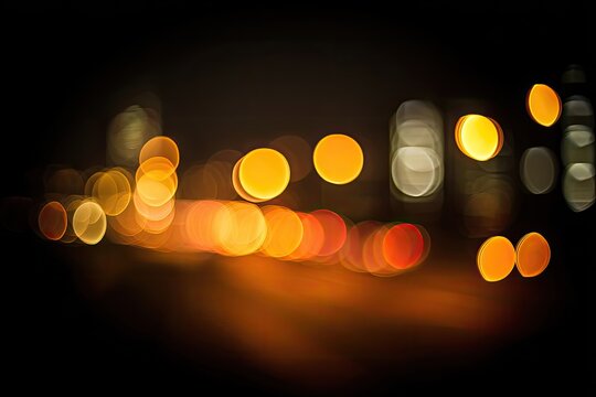 Blurred city lights at night create abstract circles of color