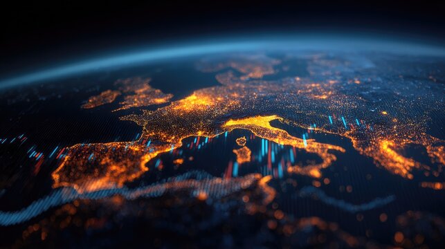 Illuminated continent glows at night, data streams across its surface