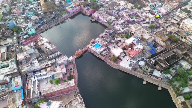 Drone flight along the southern side around the sacred lakes Radha Kunda and Shyama Kunda in Govardhana, Vrindavan