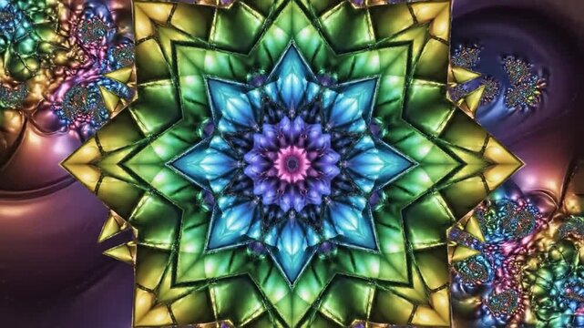 Vibrant kaleidoscopic flower blooming with intricate geometric patterns in a psychedelic style