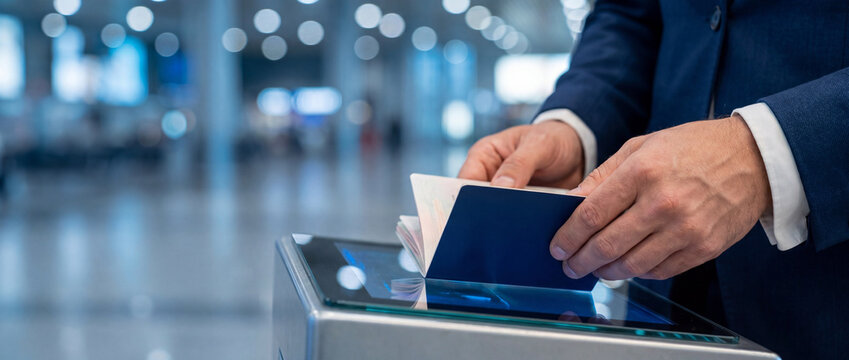 Man in a suit presenting a passport at an airport security checkpoint or border control gate with a digital scanner, emphasizing travel and international immigration