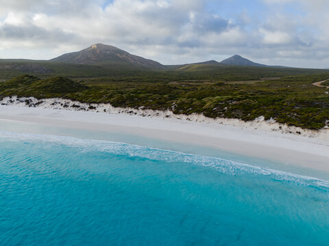 Aerial view of Hellfire Bay with turquoise waters and white sand beach in Cape Le Grand National Park, Western Australia, Australia.