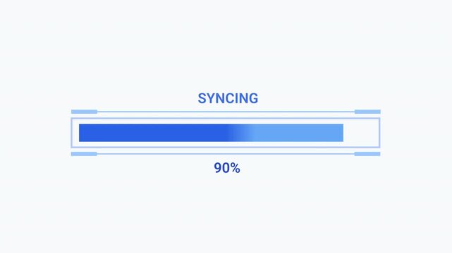 Minimal animated syncing progress bar showing 90 percent completion on a clean white background. Ideal for synchronization, cloud backup, data transfer, software, web, and technology projects.