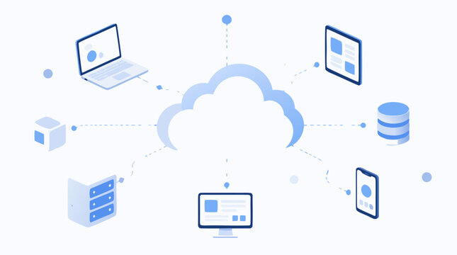 Cloud computing network vector illustration with central glowing cloud connected to laptop, database, server, tablet and app screens, blue SaaS infrastructure concept for hosting and data sync