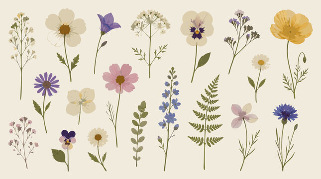 Pressed flower botanical collection with delicate wildflower stems, daisies, pansies, fern leaves and meadow blossoms, elegant flat vector elements for wedding herbarium design on light background